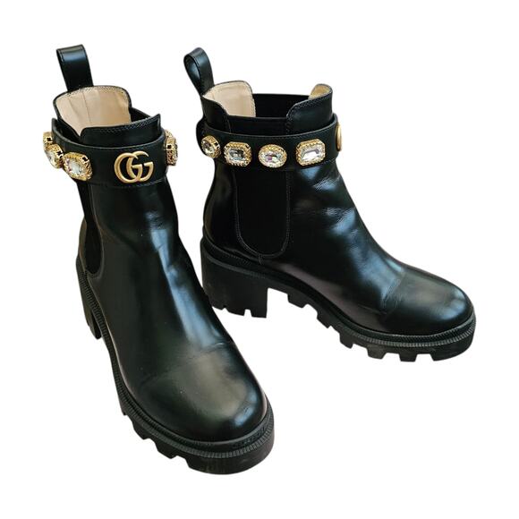 Gucci GG Trip Jewel Chunky Heel Chelsea Boot Size 36.5 US 6.5 Black Leather Gold - Picture 1 of 10